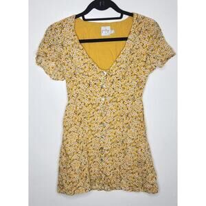 Polly Dress Womens Small Yellow Floral Button Front Short Sleeve Summer Mini